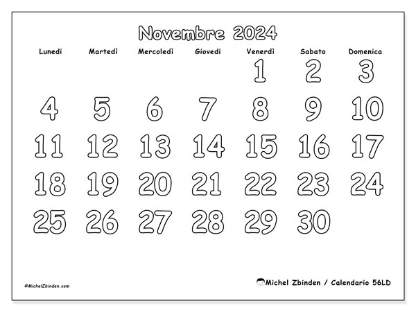 Calendario novembre 2024 “56”. Calendario da stampare gratuito.. Da lunedì a domenica