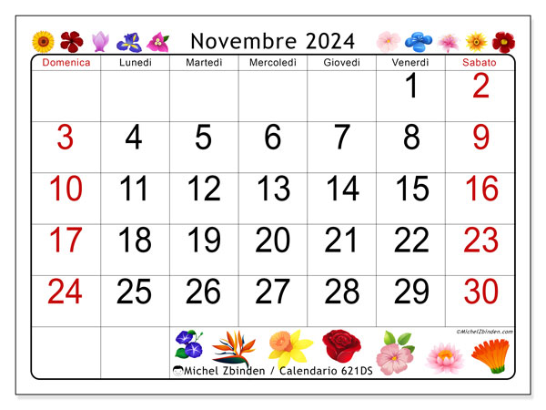 Calendario novembre 2024 “621”. Piano da stampare gratuito.. Da domenica a sabato