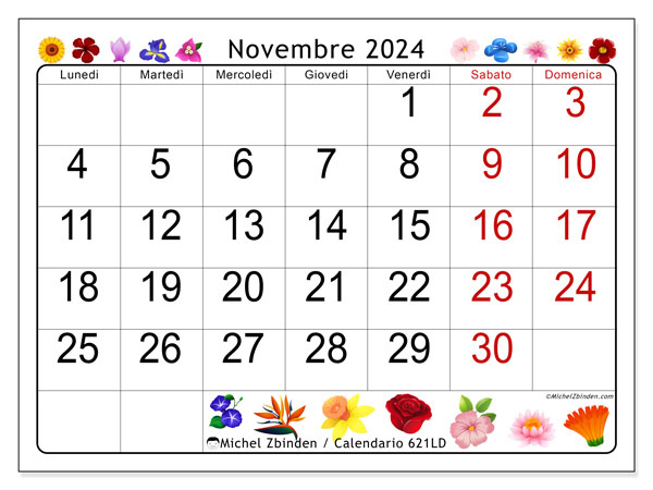 Calendario novembre 2024 “621”. Piano da stampare gratuito.. Da lunedì a domenica