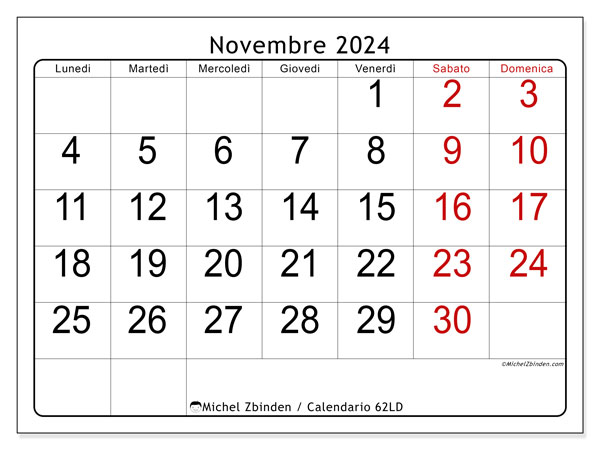 Calendario novembre 2024 “62”. Piano da stampare gratuito.. Da lunedì a domenica