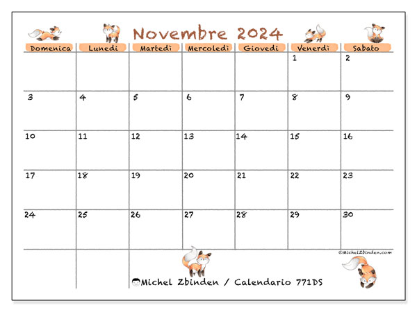 Calendario novembre 2024 “771”. Piano da stampare gratuito.. Da domenica a sabato