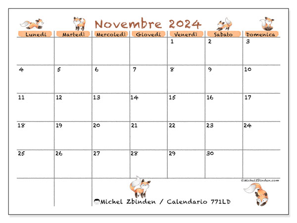 Calendario novembre 2024 “771”. Piano da stampare gratuito.. Da lunedì a domenica
