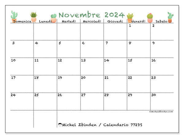 Calendario novembre 2024 “772”. Orario da stampare gratuito.. Da domenica a sabato
