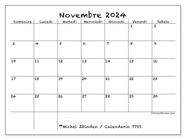 Calendario novembre 2024 “77”. Programma da stampare gratuito.. Da domenica a sabato