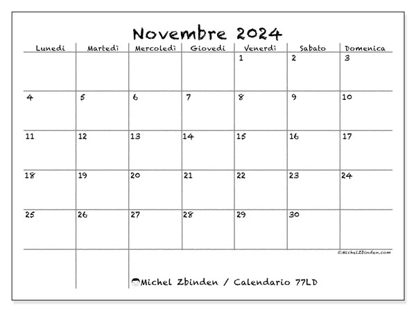 Calendario novembre 2024 “77”. Programma da stampare gratuito.. Da lunedì a domenica
