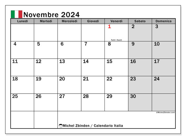 Calendario novembre 2024, Italia. Piano da stampare gratuito.