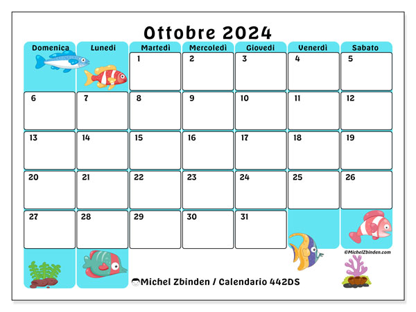 Calendario ottobre 2024 “442”. Calendario da stampare gratuito.. Da domenica a sabato