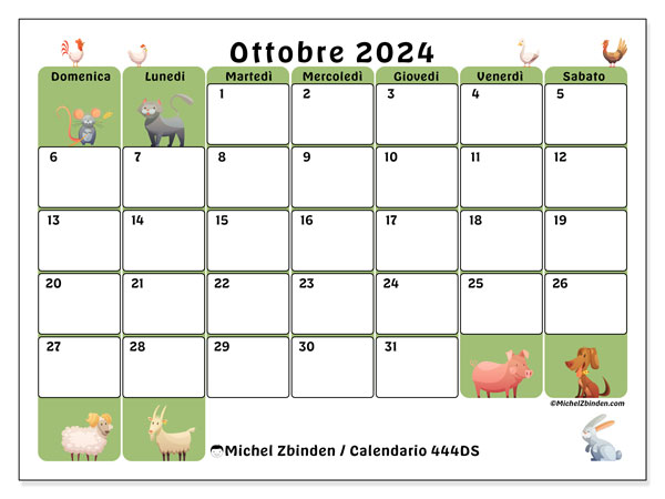 Calendario ottobre 2024 “444”. Calendario da stampare gratuito.. Da domenica a sabato