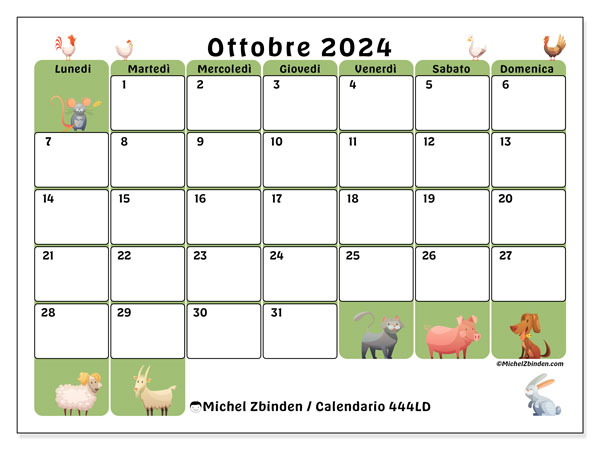 Calendario ottobre 2024 “444”. Calendario da stampare gratuito.. Da lunedì a domenica