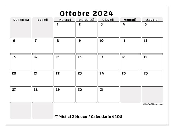 Calendario ottobre 2024 “44”. Calendario da stampare gratuito.. Da domenica a sabato