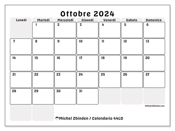 Calendario ottobre 2024 “44”. Calendario da stampare gratuito.. Da lunedì a domenica