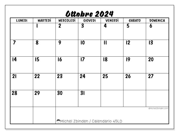 Calendario ottobre 2024 “45”. Orario da stampare gratuito.. Da lunedì a domenica
