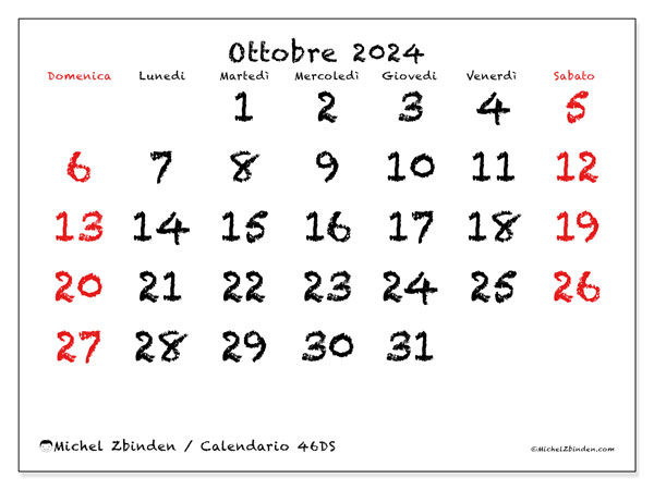 Calendario ottobre 2024 “46”. Piano da stampare gratuito.. Da domenica a sabato