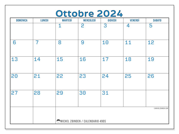 Calendario ottobre 2024 “49”. Programma da stampare gratuito.. Da domenica a sabato