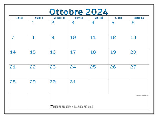 Calendario ottobre 2024 “49”. Programma da stampare gratuito.. Da lunedì a domenica