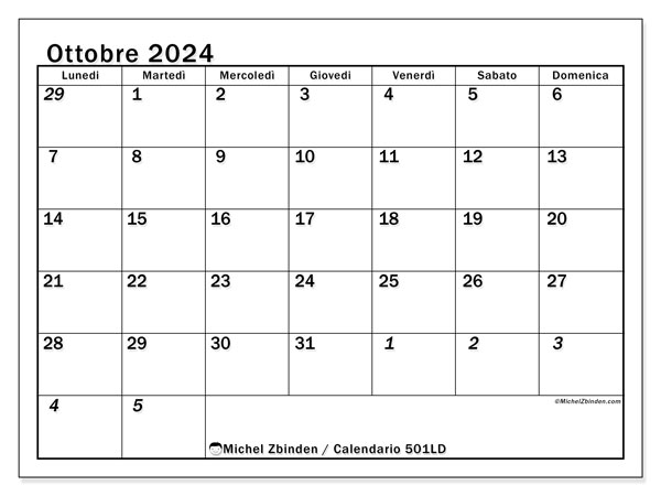 Calendario ottobre 2024 “501”. Piano da stampare gratuito.. Da lunedì a domenica