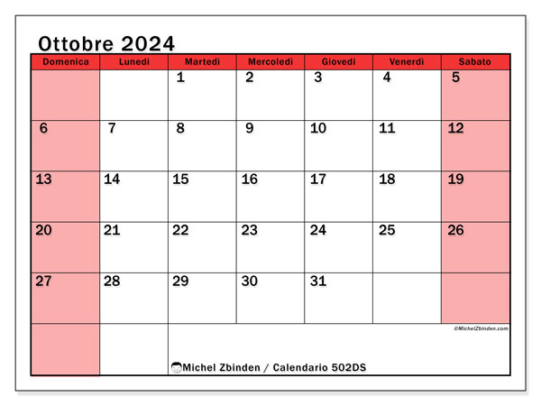 Calendario ottobre 2024 “502”. Programma da stampare gratuito.. Da domenica a sabato