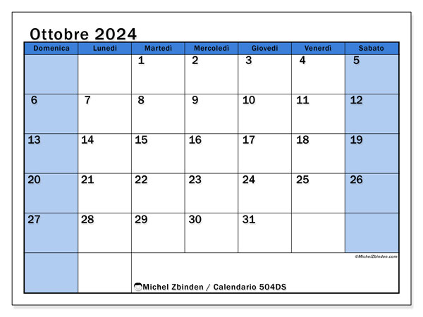 Calendario ottobre 2024 “504”. Programma da stampare gratuito.. Da domenica a sabato