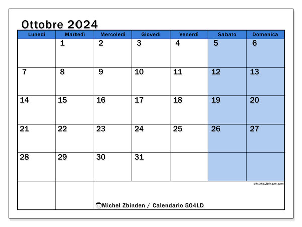 Calendario ottobre 2024 “504”. Programma da stampare gratuito.. Da lunedì a domenica