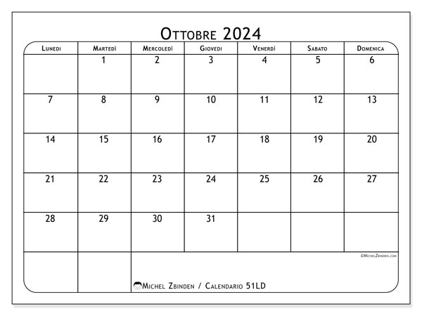 Calendario ottobre 2024 “51”. Calendario da stampare gratuito.. Da lunedì a domenica