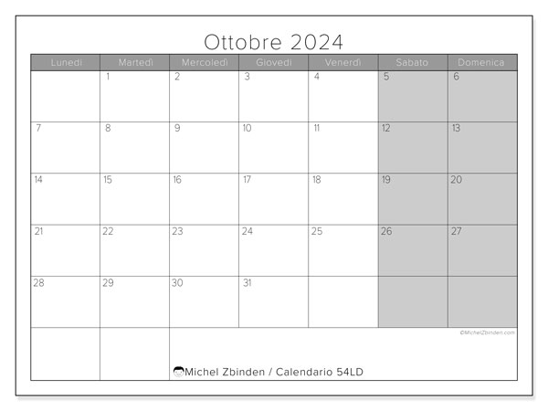 Calendario ottobre 2024 “54”. Programma da stampare gratuito.. Da lunedì a domenica