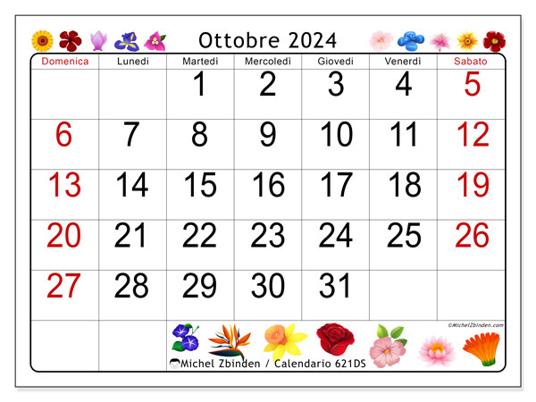 Calendario ottobre 2024 “621”. Piano da stampare gratuito.. Da domenica a sabato