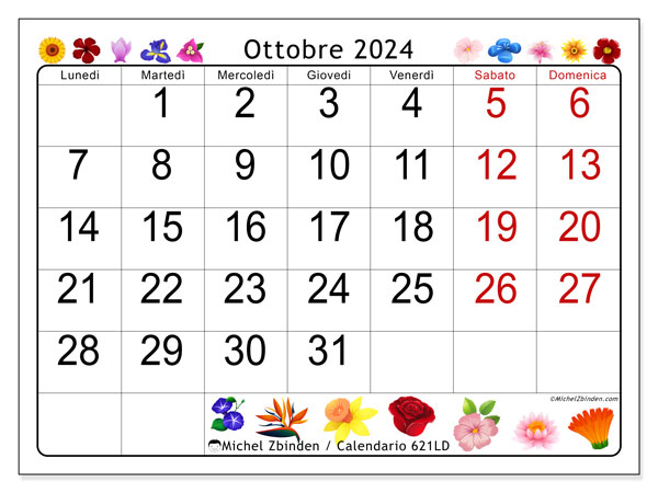Calendario ottobre 2024 “621”. Piano da stampare gratuito.. Da lunedì a domenica