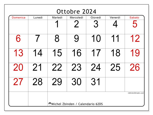 Calendario ottobre 2024 “62”. Piano da stampare gratuito.. Da domenica a sabato