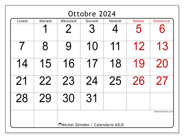 Calendario ottobre 2024 “62”. Piano da stampare gratuito.. Da lunedì a domenica