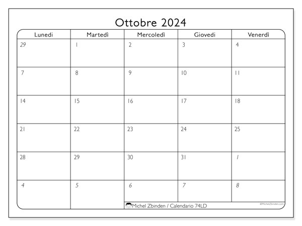 Calendario ottobre 2024, 74DS. Piano da stampare gratuito.