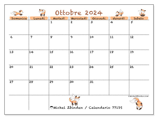 Calendario ottobre 2024 “771”. Piano da stampare gratuito.. Da domenica a sabato