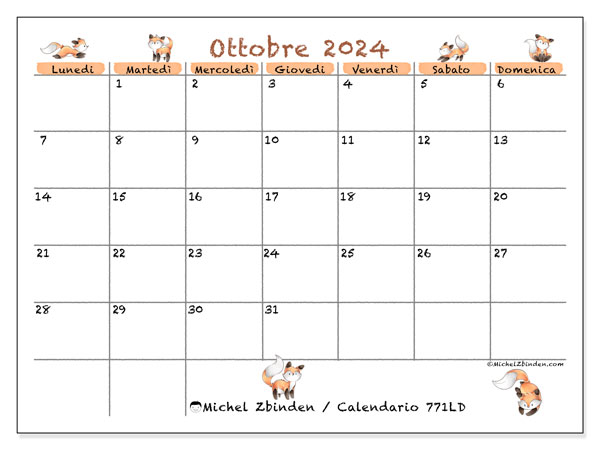 Calendario ottobre 2024 “771”. Piano da stampare gratuito.. Da lunedì a domenica