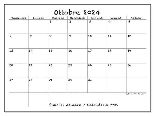 Calendario ottobre 2024 “77”. Calendario da stampare gratuito.. Da domenica a sabato