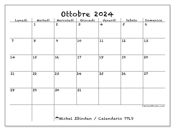 Calendario ottobre 2024 “77”. Calendario da stampare gratuito.. Da lunedì a domenica