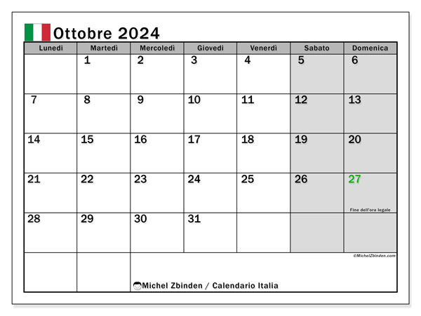 Calendario ottobre 2024 “Italia”. Piano da stampare gratuito.. Da lunedì a domenica