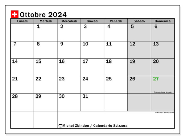 Calendario ottobre 2024 “Svizzera”. Calendario da stampare gratuito.. Da lunedì a domenica