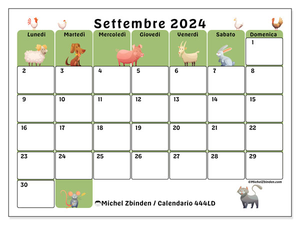 Calendario settembre 2024 “444”. Orario da stampare gratuito.. Da lunedì a domenica