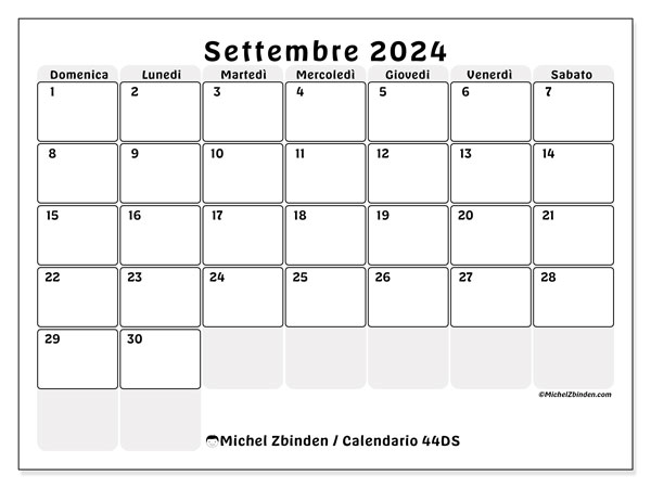 Calendario settembre 2024 “44”. Programma da stampare gratuito.. Da domenica a sabato