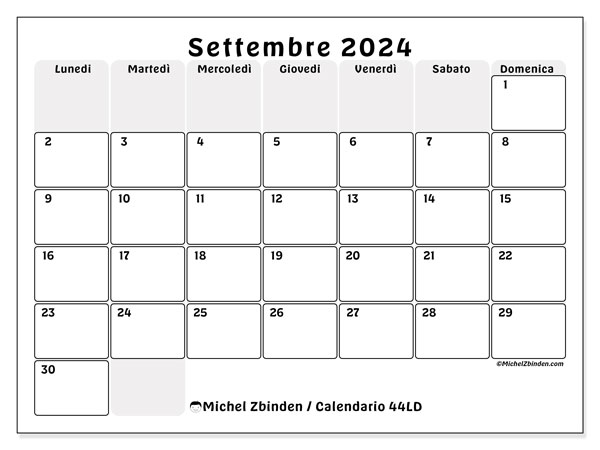 Calendario settembre 2024 “44”. Programma da stampare gratuito.. Da lunedì a domenica