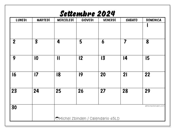 Calendario settembre 2024 “45”. Orario da stampare gratuito.. Da lunedì a domenica