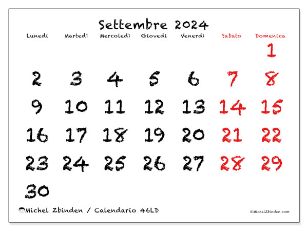Calendario settembre 2024 “46”. Piano da stampare gratuito.. Da lunedì a domenica