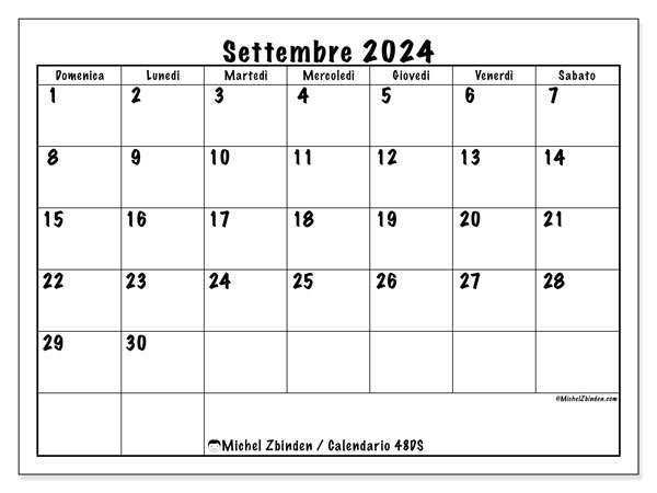 Calendario settembre 2024 “48”. Orario da stampare gratuito.. Da domenica a sabato