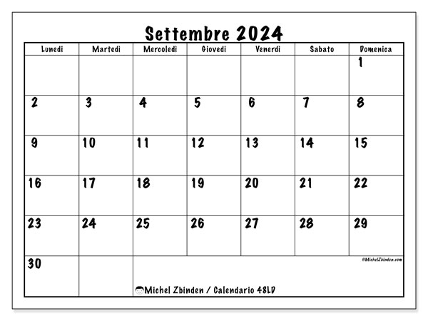 Calendario settembre 2024 “48”. Orario da stampare gratuito.. Da lunedì a domenica