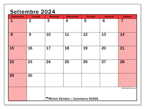 Calendario settembre 2024 “502”. Calendario da stampare gratuito.. Da domenica a sabato