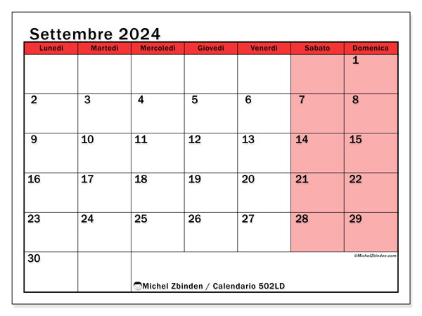 Calendario settembre 2024 “502”. Calendario da stampare gratuito.. Da lunedì a domenica