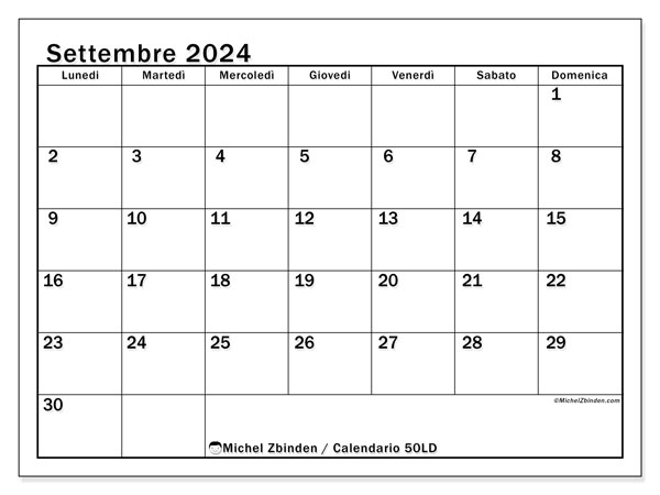 Calendario settembre 2024 “50”. Programma da stampare gratuito.. Da lunedì a domenica