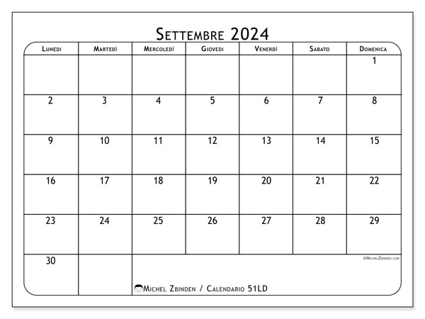 Calendario settembre 2024 “51”. Calendario da stampare gratuito.. Da lunedì a domenica