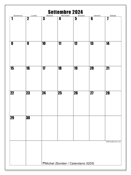 Calendario settembre 2024 “52”. Piano da stampare gratuito.. Da domenica a sabato