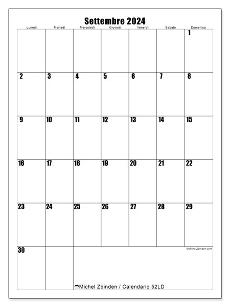 Calendario settembre 2024 “52”. Piano da stampare gratuito.. Da lunedì a domenica