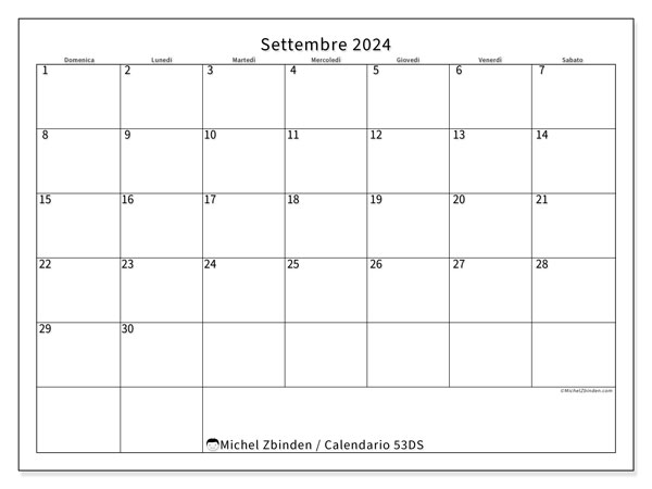 Calendario settembre 2024 “53”. Orario da stampare gratuito.. Da domenica a sabato